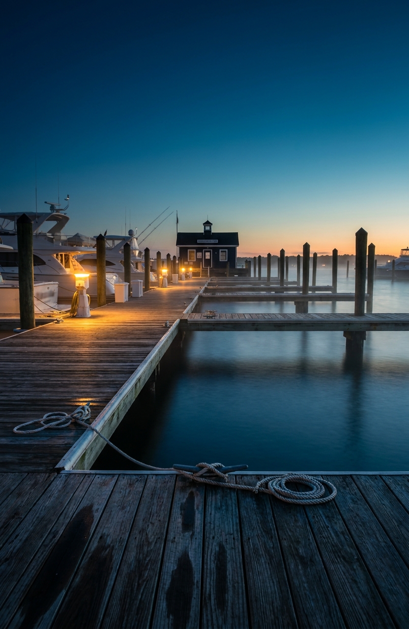 Wide blue-hour marina with mooring rope and a distant lit office
