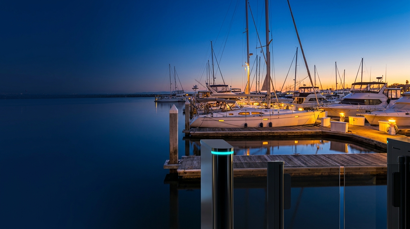 Blue-hour marina at dusk with a cyan-glowing access pedestal on the dock