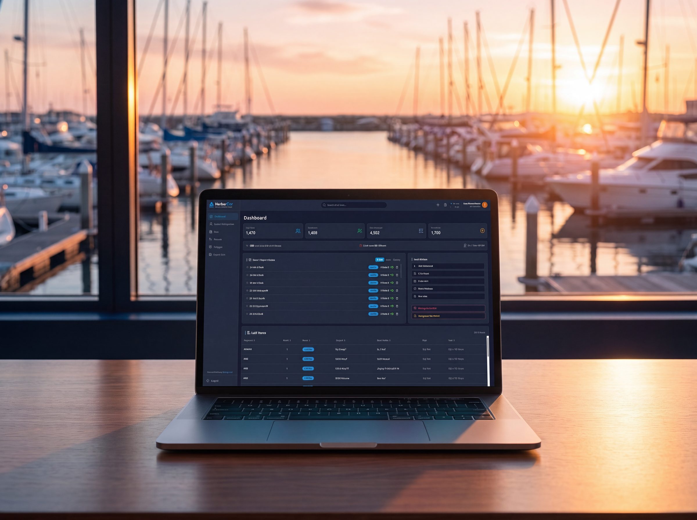 The HarborKey dashboard open on a laptop, marina at sunset behind it